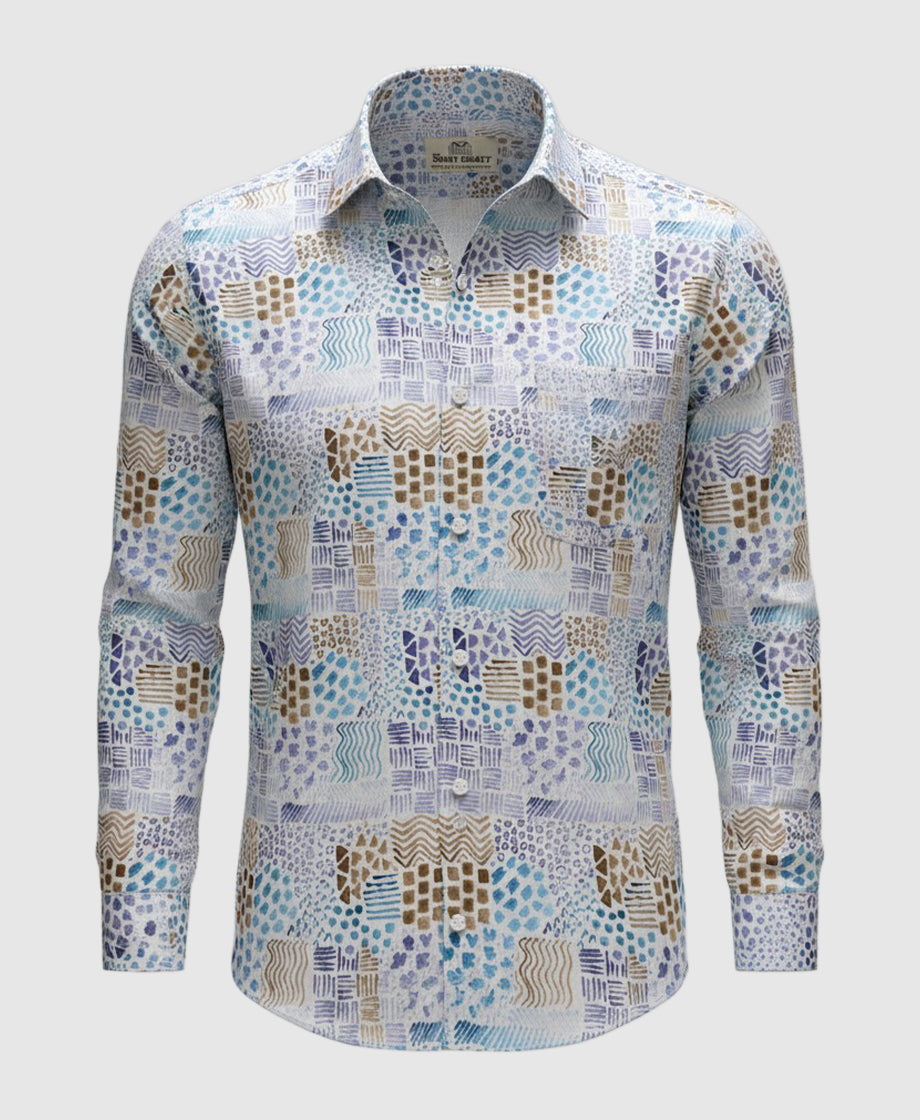 white geometric grid pattern men shirt with full sleeve.
